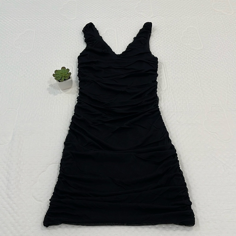Express | Black Ruched Bodycon Dress with Black Mesh Overlay